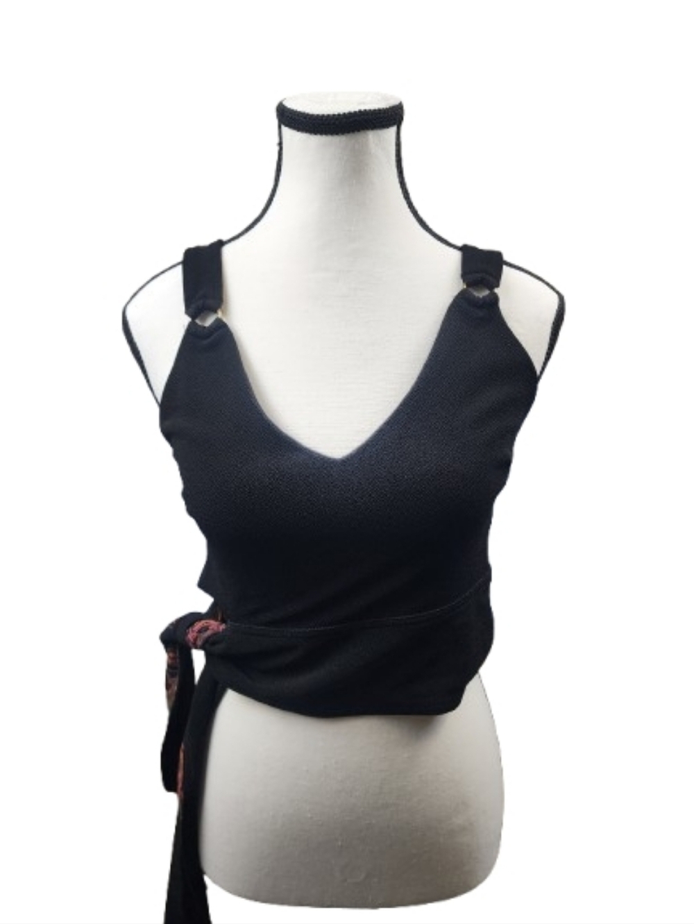 Free People Womens Black V-Neck  Crop Top with Patterned Tie Halter Small